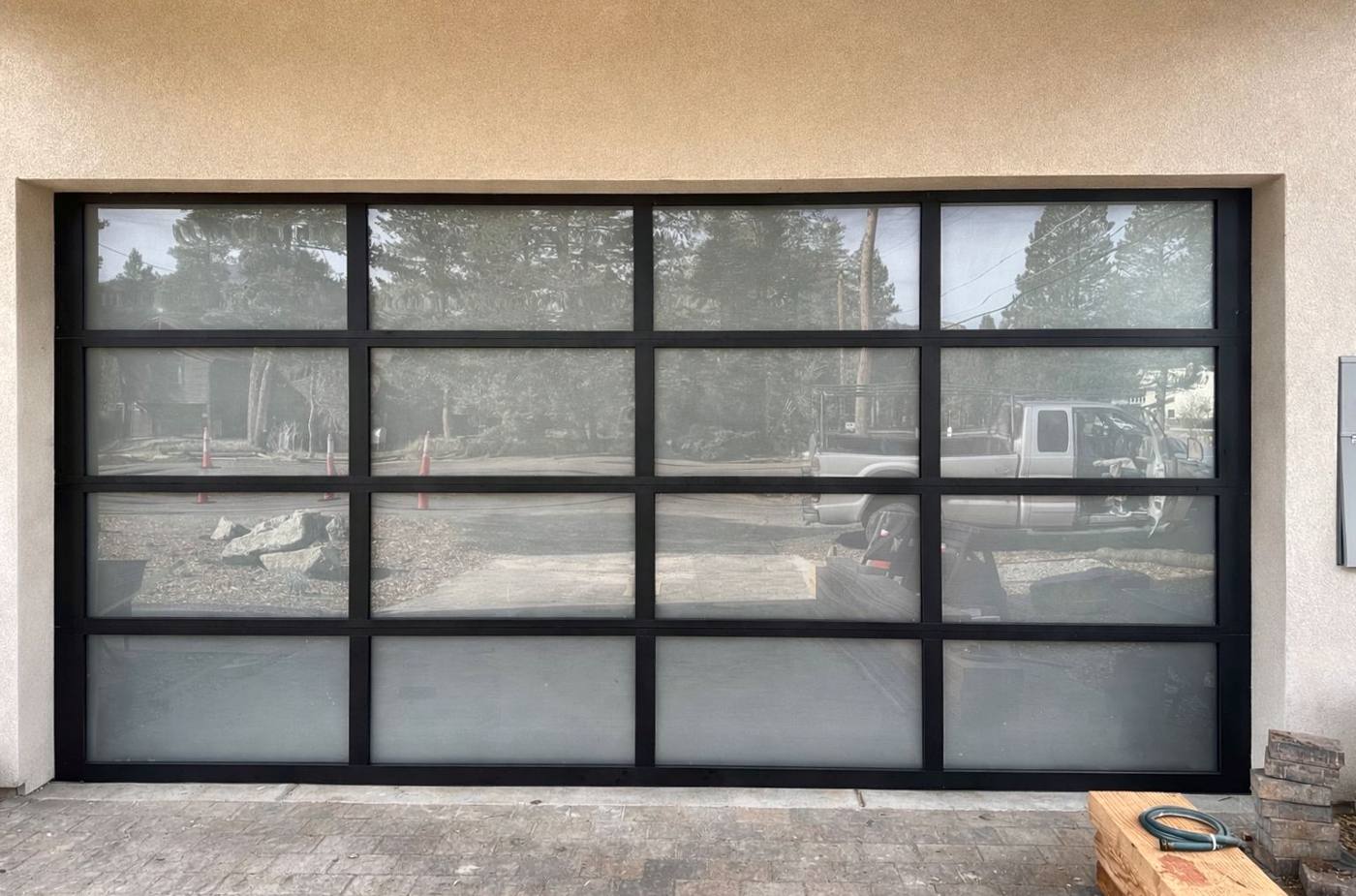 Full-view frosted glass garage door