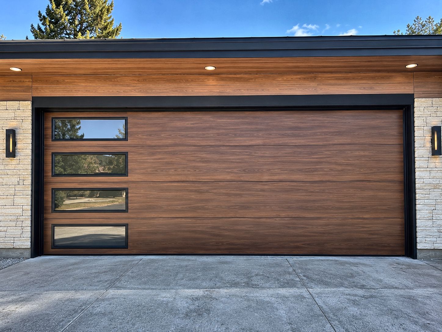Walnut wood-look modern garage door with side windows